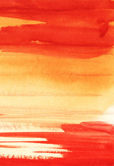 Abstract watercolor background. Gradient fill from saturated orange to white. Top bright red spots. Drawn hands on paper with texture.