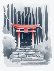 Torii-Tor in der Waldvektorzeichnung im traditionellen japanischen Stil Sumi-e. Illustration. © shark192009