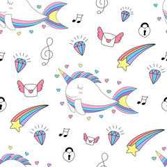 Seamless pattern cute unicorn cartoon hand drawn style.vector and illustration