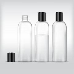 Cosmetic plastic bottle (transparent). Liquid container for lotion, shampoo, bath foam. Beauty product package, vector illustration.