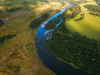 Drone view on river and forest in Russia