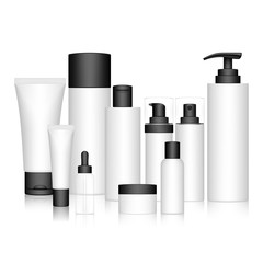 Cosmetic Bottle Set for liquid, cream, gel, lotion. Beauty product package, vector illustration.