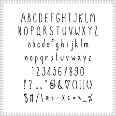 Cute alphabet, hand written ABC letters and typography elements on white background,  vector illustration.