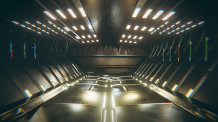 Sci-Fi grunge metallic corridor background with spot light, 3d rendering.