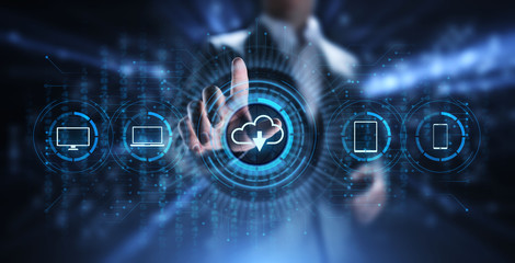 Cloud technology data storage processing computing Internet concept. Businessman pressing button on screen.