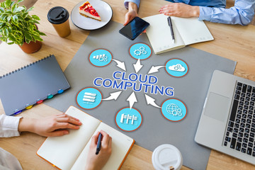 Fototapeta na wymiar Cloud computing concept on office desktop. Internet and technology.