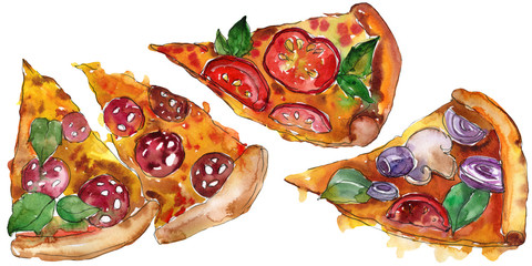Fast food itallian pizza in a watercolor style isolated. Aquarelle food illustration for background.