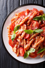 Vegetarian pasta Casarecce with tomato sauce, parmesan cheese and basil closeup on a plate. Vertical top view