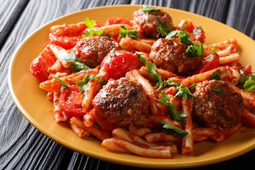 meatballs with a side dish of pasta Casarecce in tomato sauce close-up on a plate. horizontal