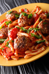 Serving pasta Casarecce with meat balls seasoned with tomato sauce close-up on a plate. vertical