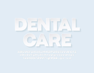 Vector banner Dental Care with modern Font. White Alphabet for Business Design. Set of Letters, Numbers and Symbols