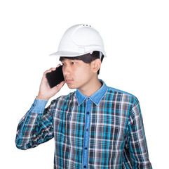 Businessman engineer thinking  command with cell phone and wear white safety helmet plastic on white background. construction concept