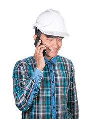 Businessman engineer thinking  command with cell phone and wear white safety helmet plastic on white background. construction concept