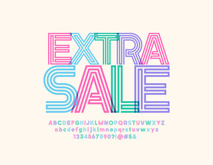 Vector bright sign Extra Sale. Colorful maze Font. Trendy Alphabet Letters, Numbers and Symbols 