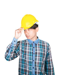 Engineer hand catch hold white safety helmet plastic on head. construction concept  isolated on white background