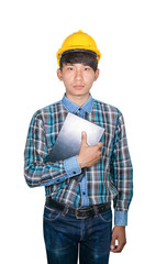 businessman young hold Laptop computer wear yellow safety helmet plastic on white background construction concept