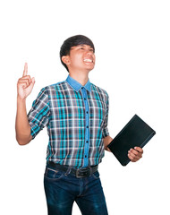 Fototapeta na wymiar businessman confident young using computer laptop and raised hand on white background