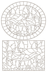 A set of contour illustrations of stained glass Windows with dolphins on the background of the seabed , dark contours on a white background