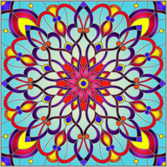 Illustration in stained glass style with abstract floral ornaments, flowers, leaves and curls on blue background, square image