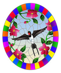 Illustration in stained glass style with bird swallow on background of flowers and sky, oval picture in bright frame