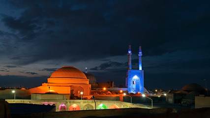 Nightfall at Jameh Mosque and Old Town of Yazd in Iran