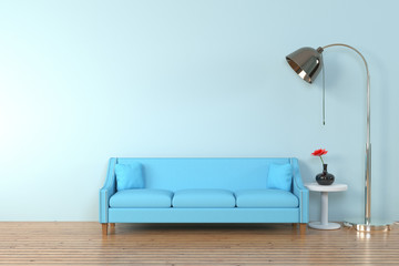 Interior of the living room. soft sofa and pillow near lamp soft color wall 3D rendering - Illustration