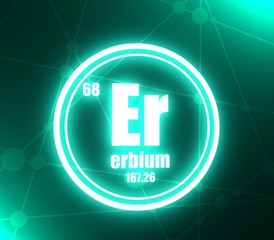 Obraz premium Erbium chemical element. Sign with atomic number and atomic weight. Chemical element of periodic table. Molecule and communication background. Connected lines with dots. 3D rendering