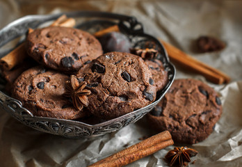 chocolate chip cookies with chocolate. Chocolate chip cookies. Dark food photography. - Image.