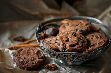 chocolate chip cookies with chocolate. Chocolate chip cookies. Dark food photography. - Image.