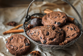 chocolate chip cookies with chocolate. Chocolate chip cookies. Dark food photography. - Image.