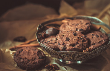 chocolate chip cookies with chocolate. Chocolate chip cookies. Dark food photography. - Image.