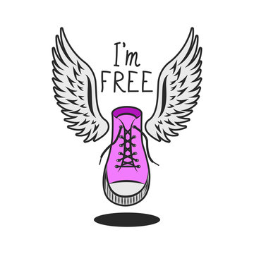 Pink shoe with wings and handwritten inscription slogan I am free, trendy youth graphic print on a t-shirt for a girl