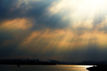 ヘリコプターと降り注ぐ光