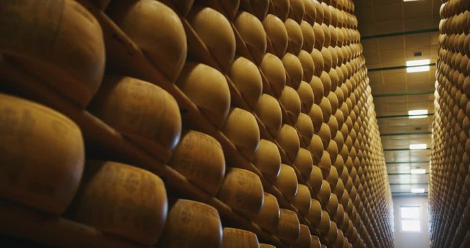 Slow motion slider view of lots of wheels of parmesan cheese are maturing by ancient Italian tradition for many months on shelves of a storehouse.