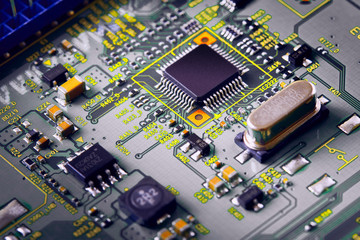 Electronic circuit board close up.