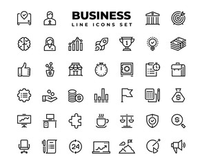Business line icons. Finance target service support career award presentation idea strategy solution. Business professional successful outline vector set