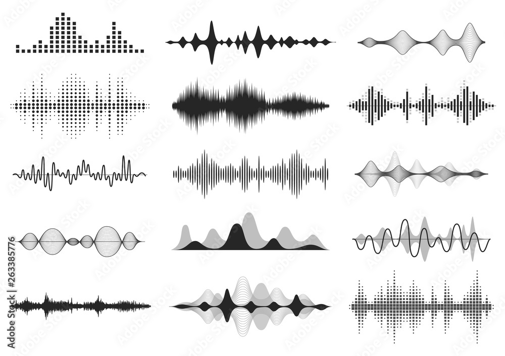 Poster Black sound waves. Music audio frequency, voice line waveform, electronic radio signal, volume level symbol. Vector curve radio waves set