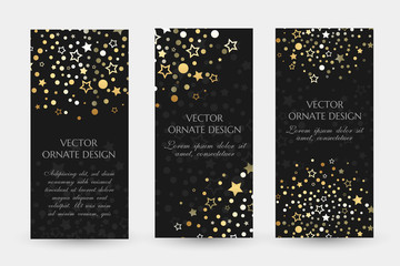 Golden dots and stars design. Luxury vertical flayers with ornaments on the black background.