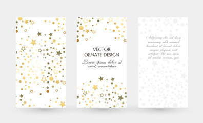 Golden dots and stars design. Elegant vertical flayers. Vector illustration for event invitation, ceremony card or celebration banner.