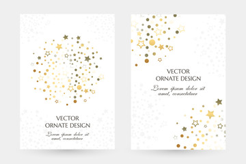 Golden dots and stars design. Stylish vertical posters with ornaments on the white background.