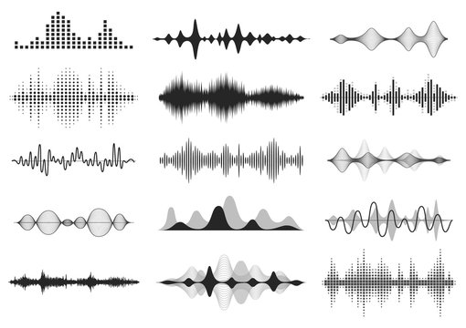 Black sound waves. Music audio frequency, voice line waveform, electronic radio signal, volume level symbol. Vector curve radio waves set