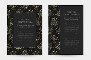 Golden dots and stars design. Luxury vertical posters with decorative frame and border on the black background.