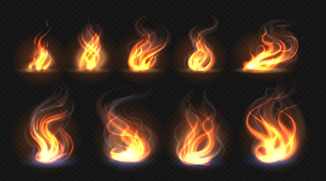 Realistic fire flames. Transparent torch effect, abstract red light flare, campfire design template. Vector hot glowing flaming elements