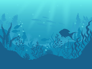 Fototapeta na wymiar Underwater silhouette background. Undersea coral reef, ocean fish and marine algae cartoon scene, sunbeams under water. Vector aqua life and sea bottom