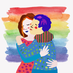 A couple of embracing girls. Flat style vector illustration of hugging women with lgbt flag on the background. Lgbt couple. Lesbian couple. Card design, poster, cover, placard, brochure