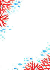 Red coral and school of fish watecolor hand paintng on white background for decoration on summer events.
