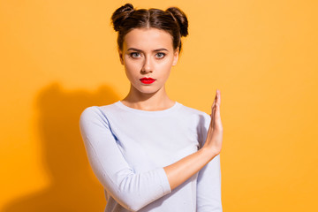 Portrait of her she nice-looking attractive lovely winsome decisive teen girl showing stop sign...