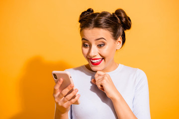Close up photo of social media marketing worker getting emails with unbelievable news touching chin...