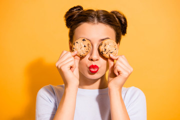 Close up photo of dreamy charming little lady cooking pastry sugar dishes fooling around in the...