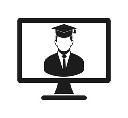 E Learning Icon. Graduate student symbol on Computer Monitor. Flat style vector EPS.